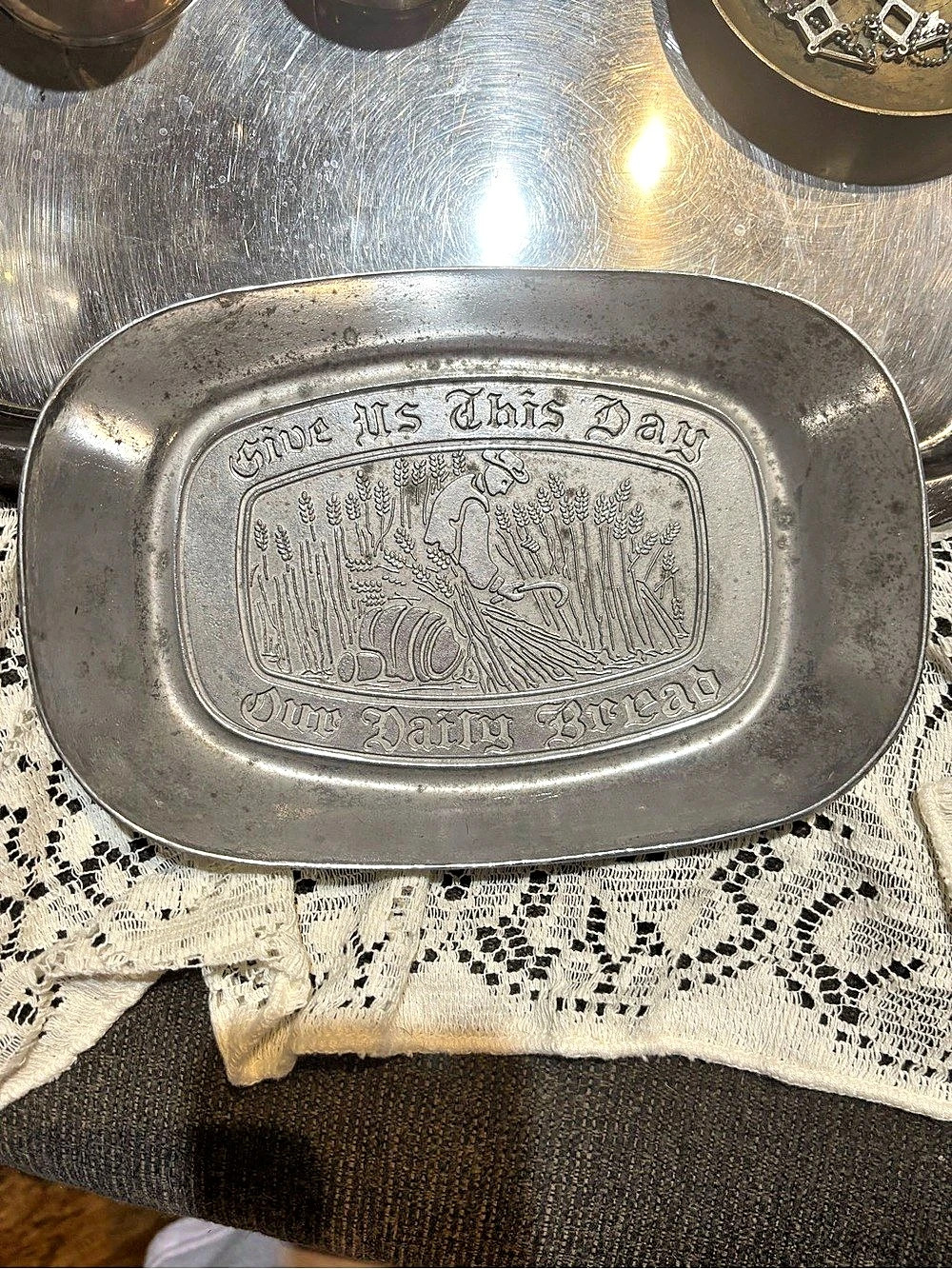 Vintage DC Dura Cast Pewter Style Daily Bread Metal Tray 🌾 Farmhouse Platter